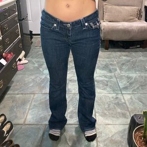 True Religion low rise jeans, dark wash, wide leg.
